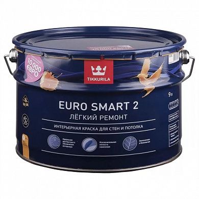 Краска водоэмульсионная EURO 2 SMART глубокоматовая, белая, Tikkurila (9л)