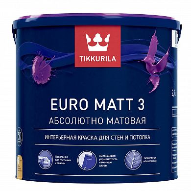 Краска водоэмульсионная EURO 3 MATT глубокоматовая (База А), Tikkurila (2,7л)